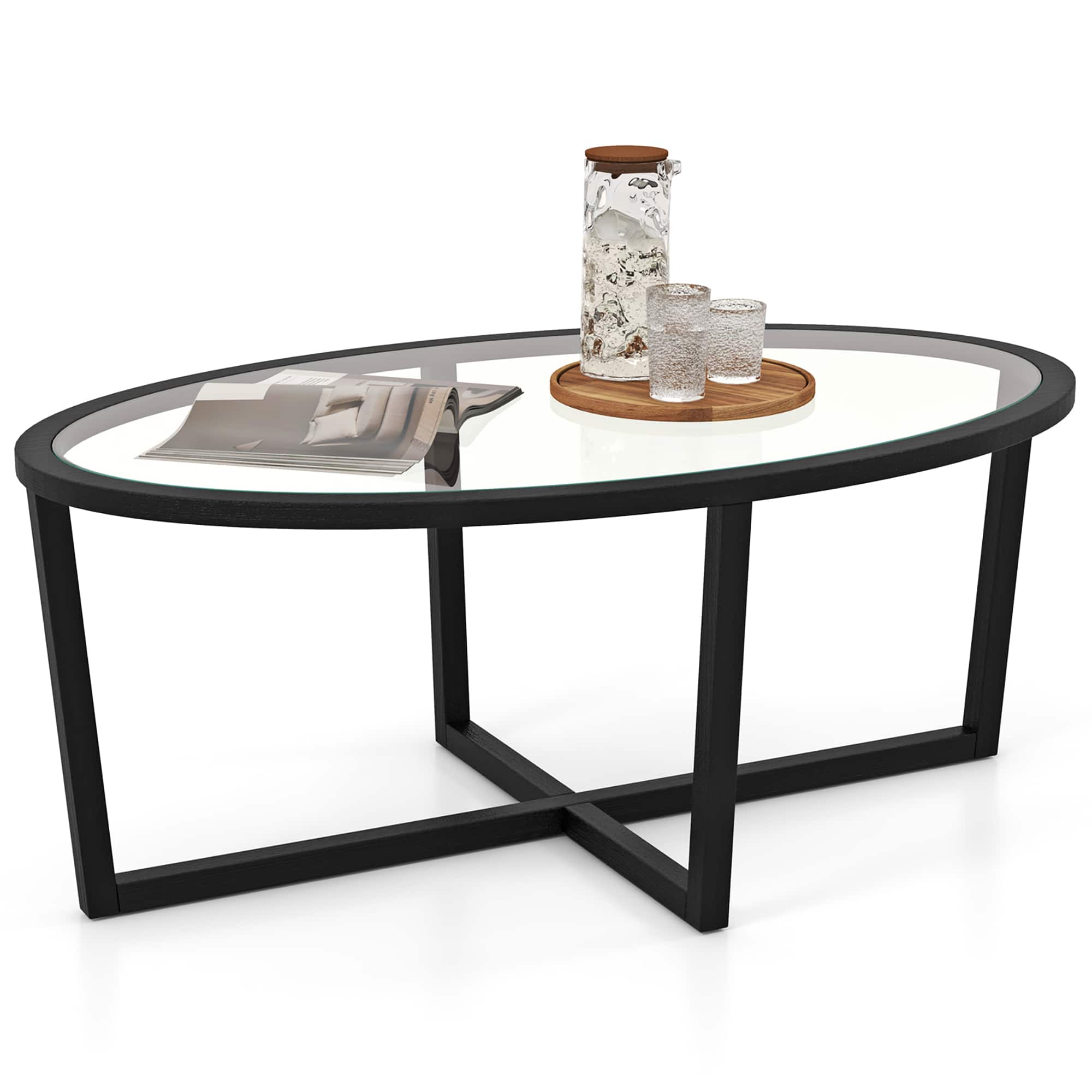 Gymax - Modern Glass Coffee Table w/ Cross Base & Acacia Wood Legs for Small Spaces - Black
