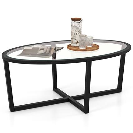 Front. Gymax - Gymax Modern Glass Coffee Table w/ Cross Base & Acacia Wood Legs for Small Spaces - Black.