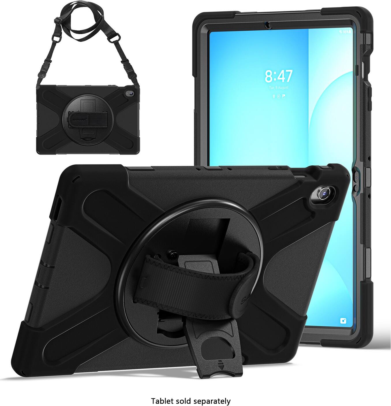 The image features a tablet and a purse. The tablet is placed in a case, and the purse is located next to it. The image is advertising a tablet that is sold separately.