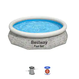 Bestway - Fast Set 10' x 26" Stacked Stone Inflatable Swimming Pool Outdoor Set - Gray