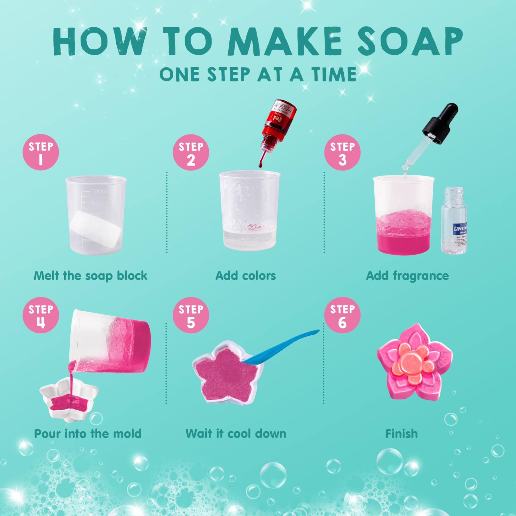 HOW TO MAKE SOAP ONE STEP AT A TIME

STEP 1
Melt the soap block

STEP 2
Add colors

STEP 3
Add fragrance

STEP 4
Pour into the mold

STEP 5
Wait it cool down

STEP 6
Finish
