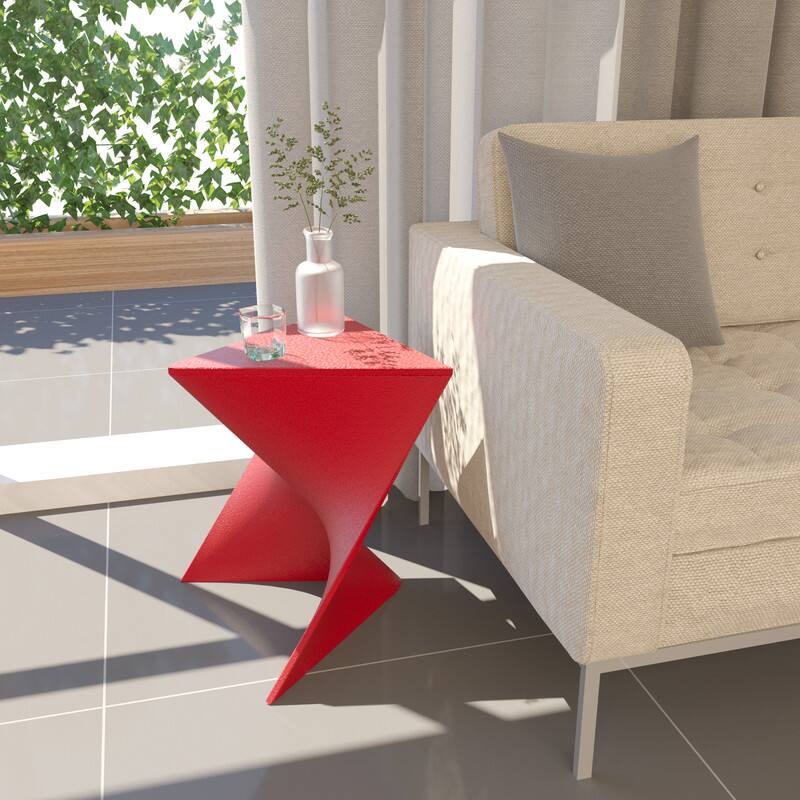 Angle. LeisureMod - Randolph 15.75" Stackable Side Table, Weather-Resistant Triangular Plastic Accent End Table for Living Room or Backyard - Red.