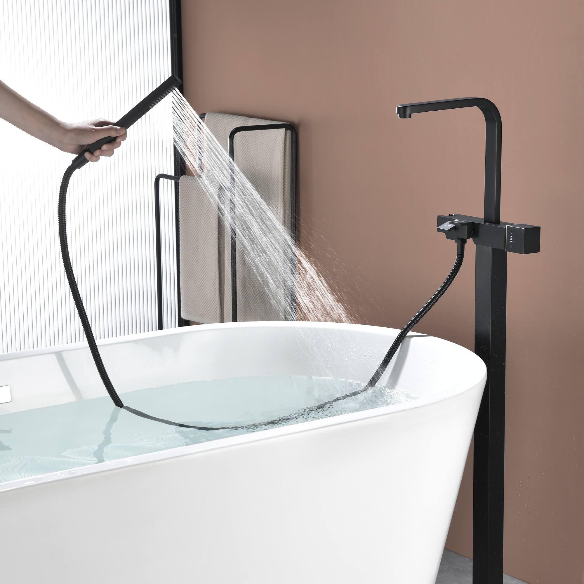 Alt View 4. Boyel Living - Matte Black Bathtub Faucet Solid Brass Single Handle 360° Swivel Handheld Spray - Matte Black.