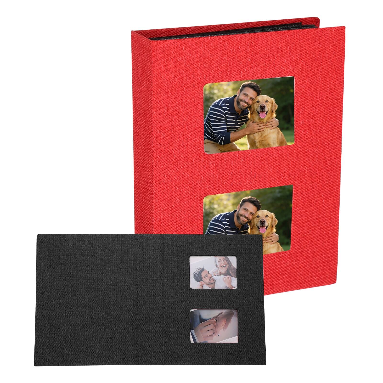 Front. Unique Bargains - Photo Album 8.9x6.9 Inch 200 Photos Linen Cover Photo Book with Display Window for Family Wedding Anniversary - Red.