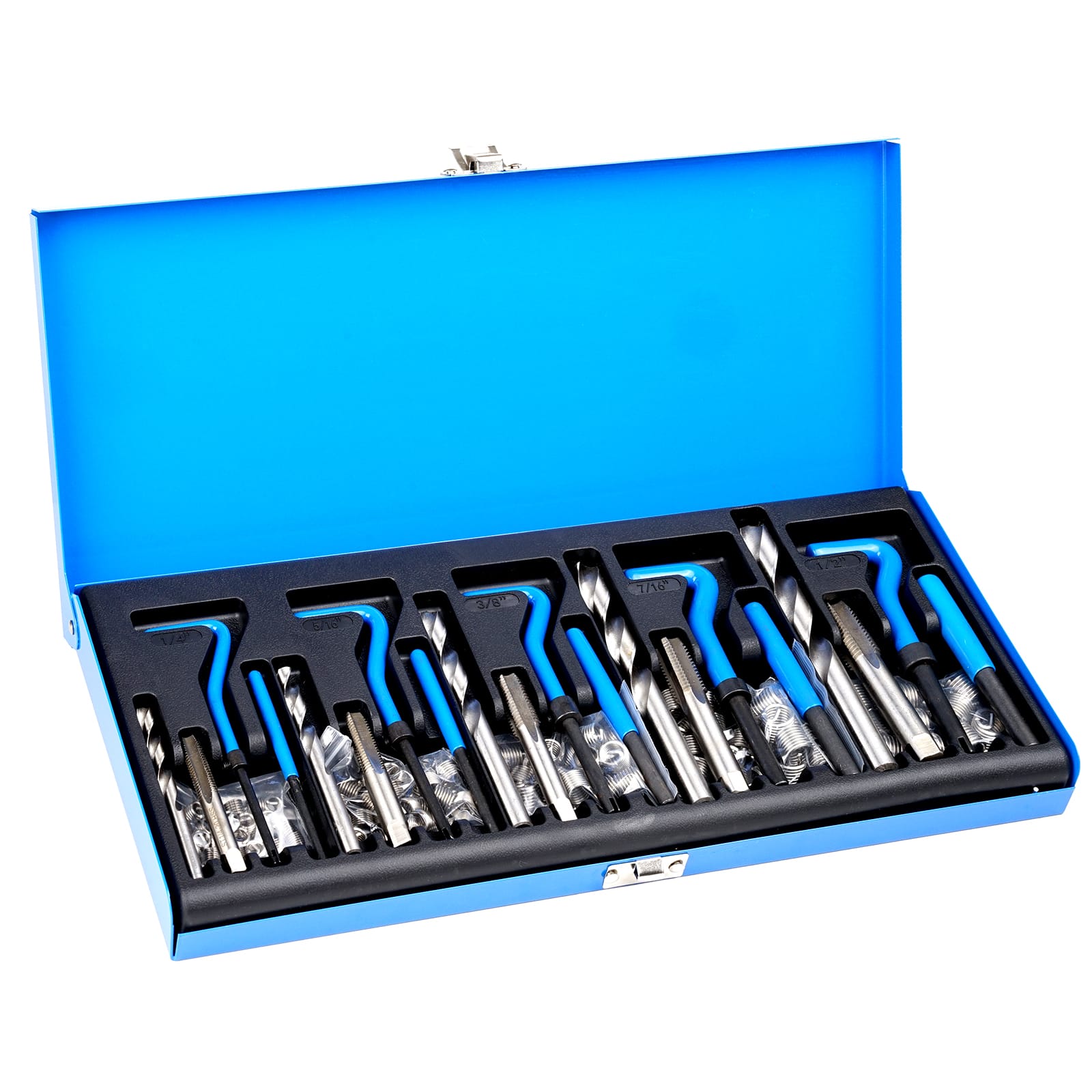 VEVOR - Helicoil Thread Repair Kit, 131-Piece SAE HSS Drill Helicoil Repair Kit, 1/4" 5/16" 3/8" 7/16" 1/2"UNC - Blue & Black