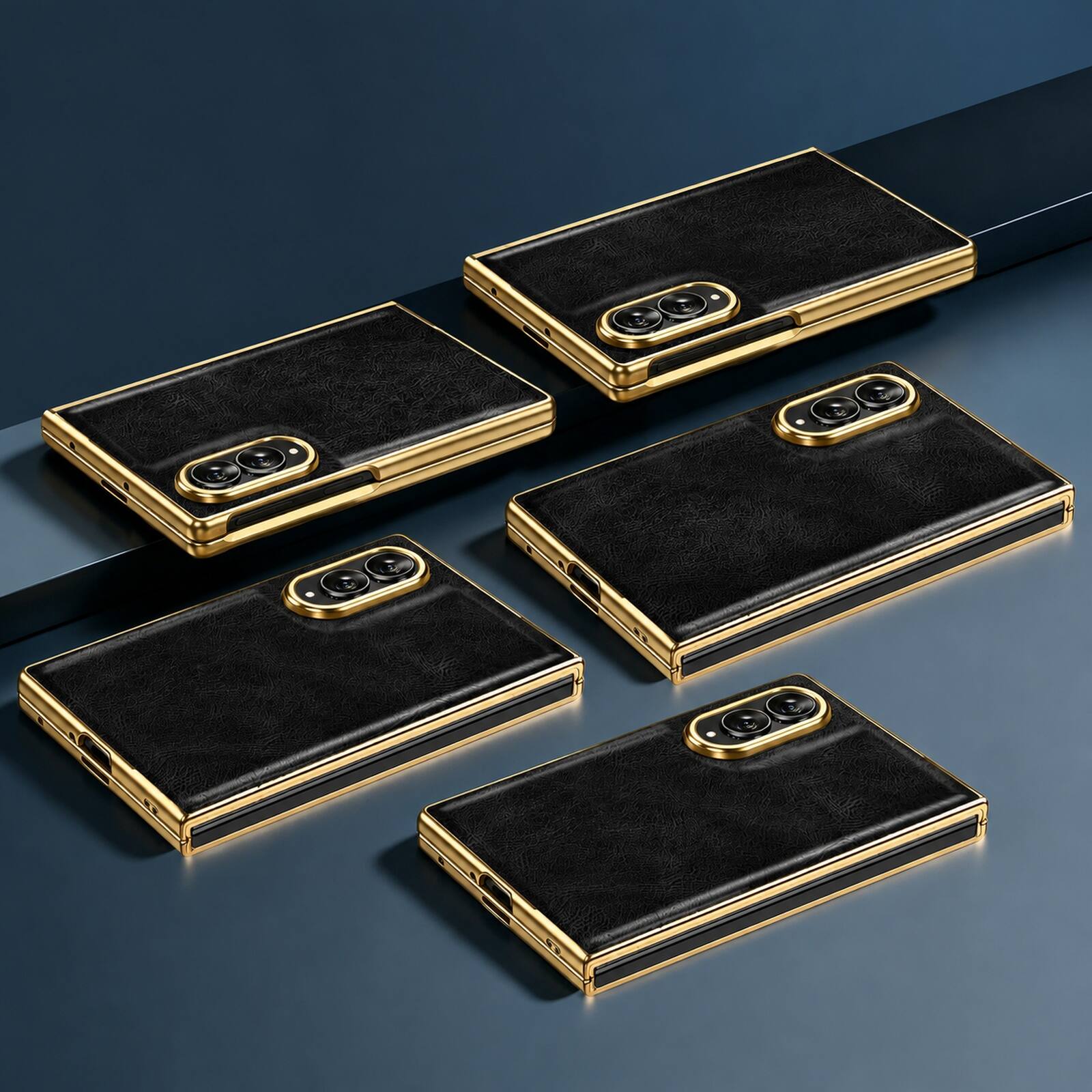 Back. Dteck - For Samsung Galaxy Z Fold8 Luxury Leather Case with Screen Protector Included,Shockproof Gold Plating Edge Cover - Black.