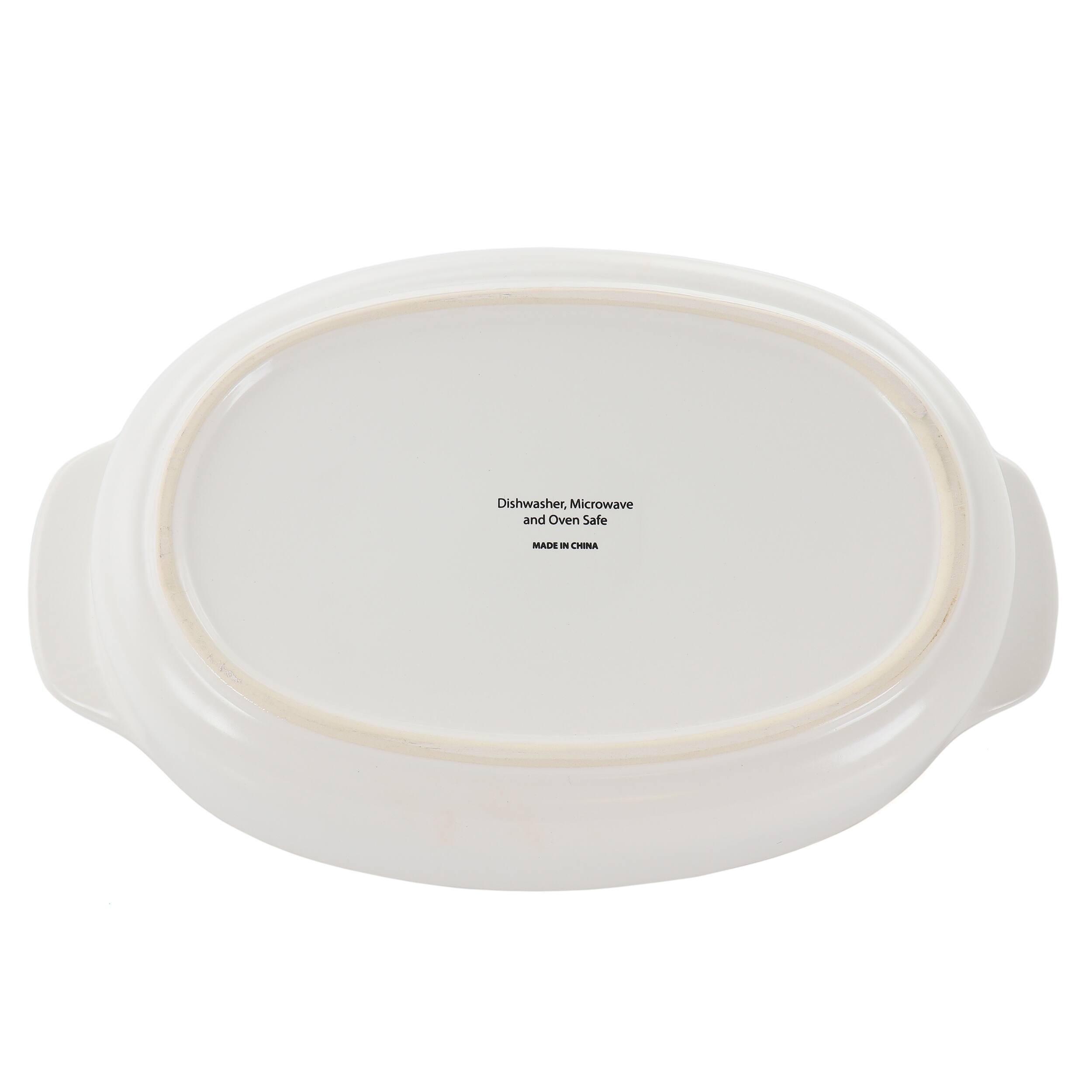 Dishwasher, microwave, and oven safe. Made in China.