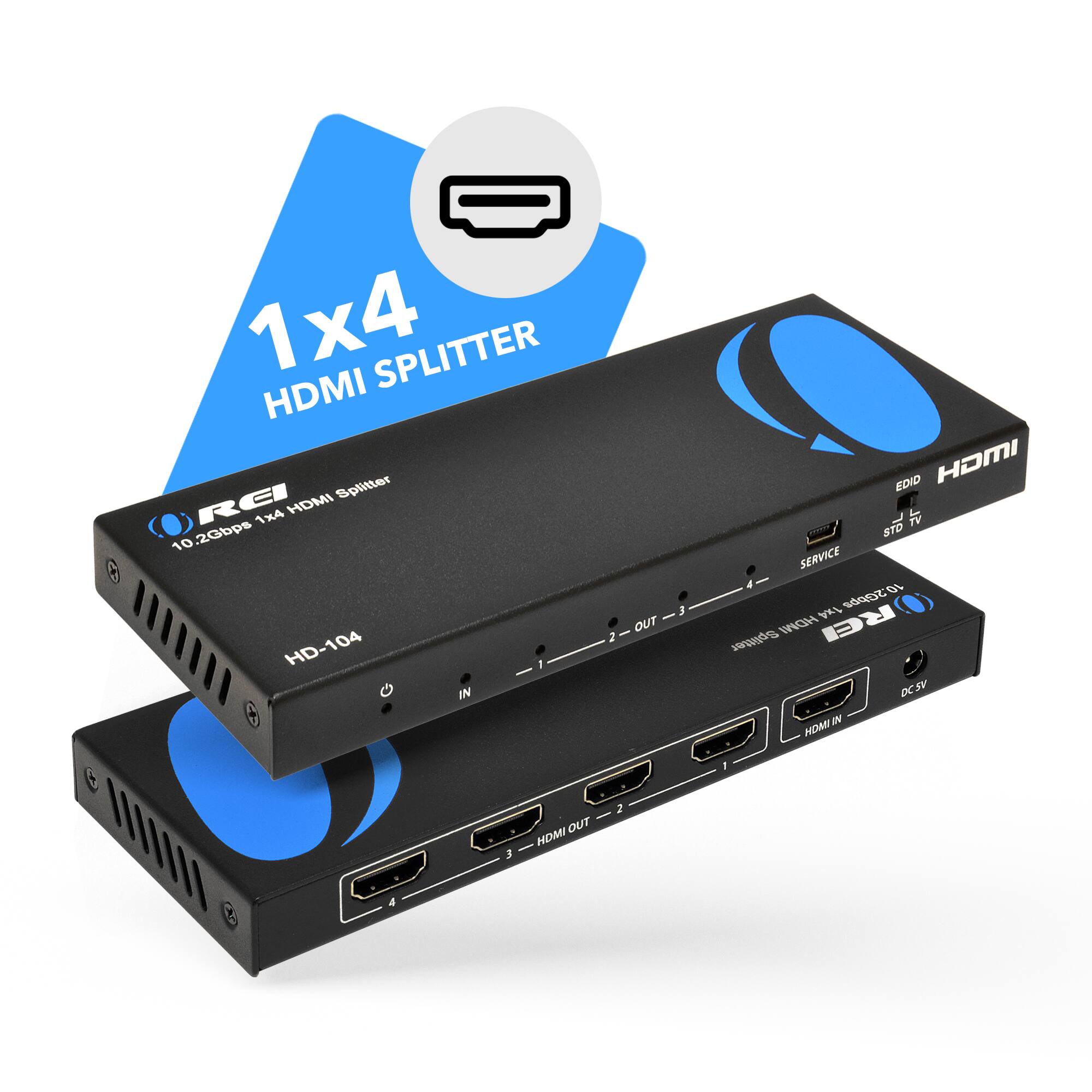 1x4 HDMI Splitter REI HD-104 1x4 HDMI 2 OUT 3 EDID HDMI IN STD SERVICE DC-5V IN HDMI OUT 1 2 3 4