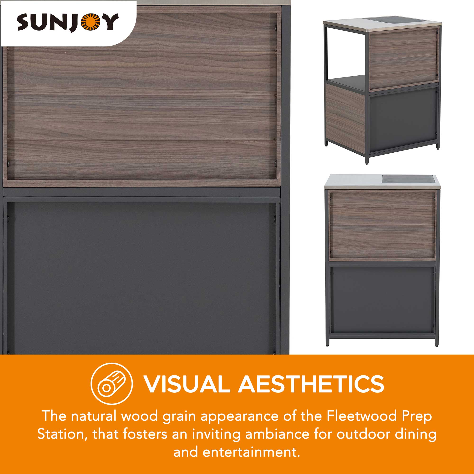 **SUNJOY**

**VISUAL AESTHETICS**

The natural wood grain appearance of the Fleetwood Prep Station, that fosters an inviting ambiance for outdoor dining and entertainment.