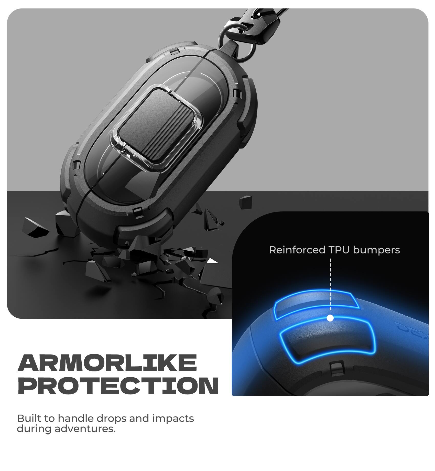 Reinforced TPU bumpers  
ARMORLIKE PROTECTION  
Built to handle drops and impacts during adventures.