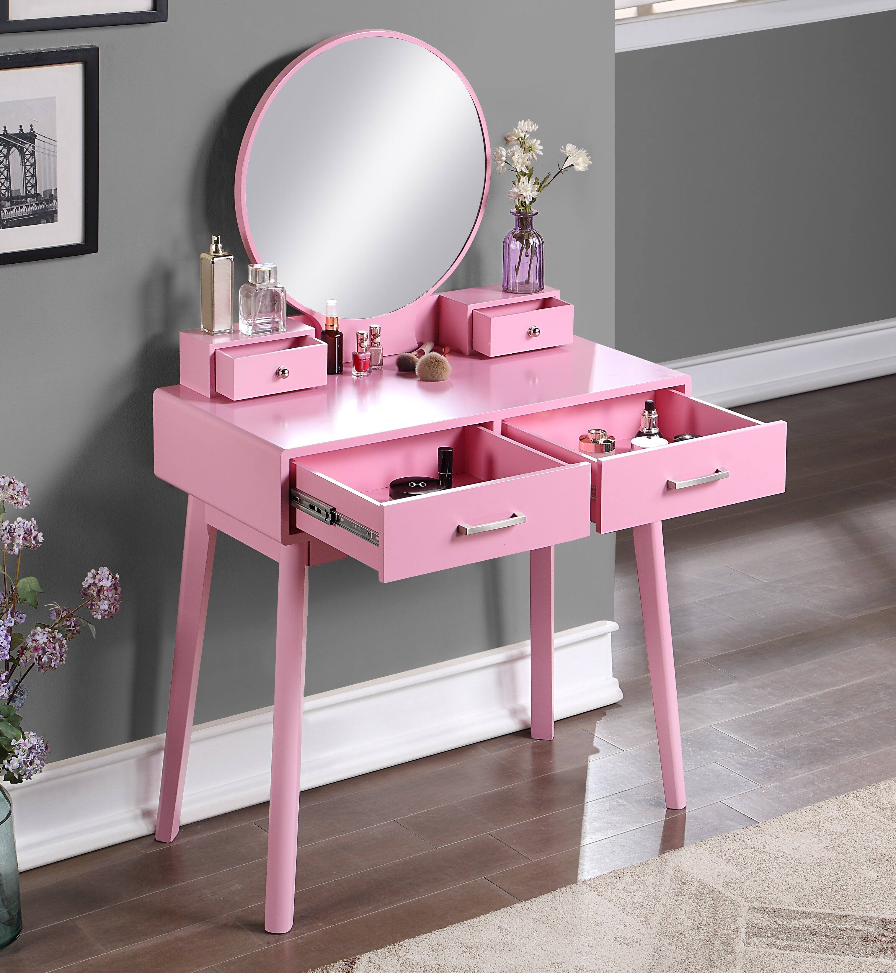 Angle. APRILSOUL - Liannon Contemporary Wood Vanity and Stool Set Pink - Pink.
