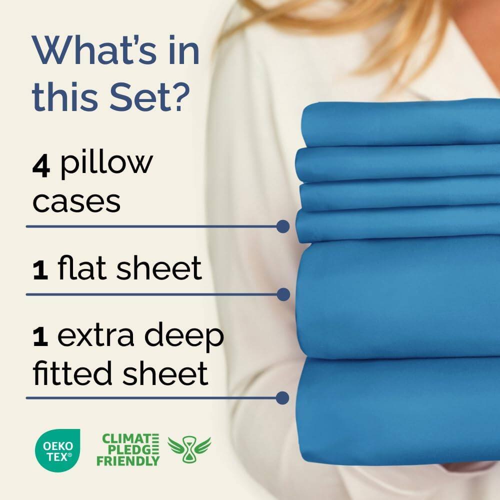 What's in this Set?

- 4 pillow cases
- 1 flat sheet
- 1 extra deep fitted sheet

CLIMATE PLEDGE FRIENDLY

OEKO TEX