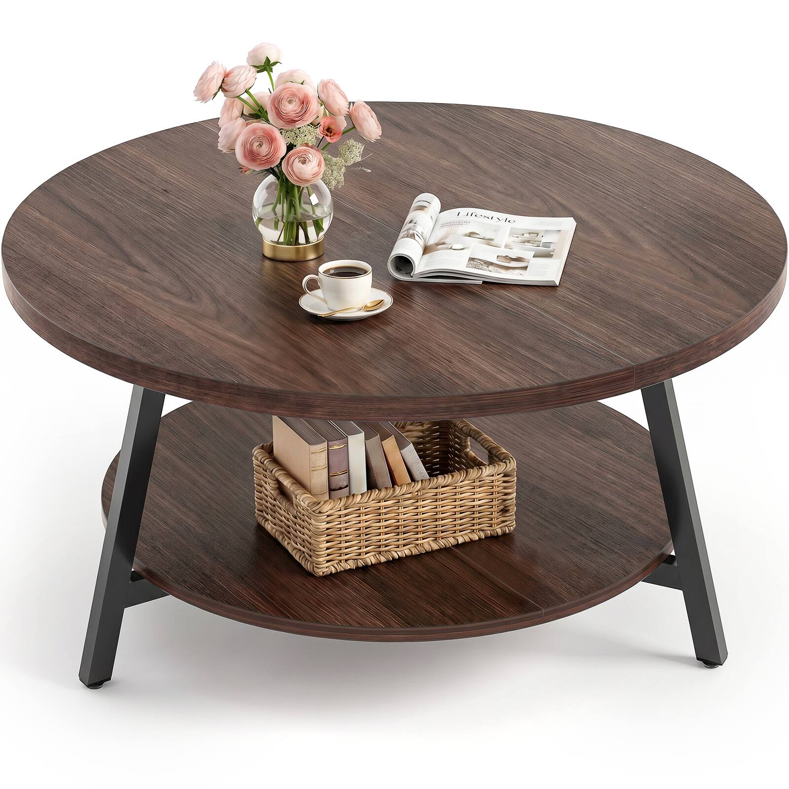 Angle. Aheaplus - 35.4'' Round Coffee Table with Storage, 2-Tier Small Modern Coffee Table for Living Room - Walnut.