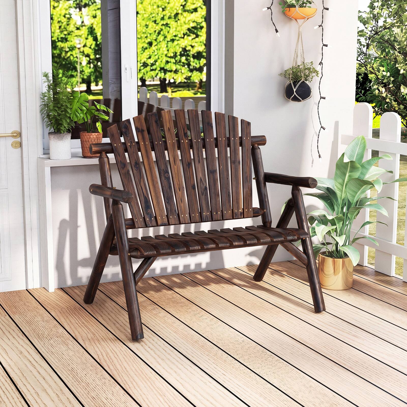 Costway 2 Person Fire Pit Lounge Chair with Slatted Backrest, Built in ...