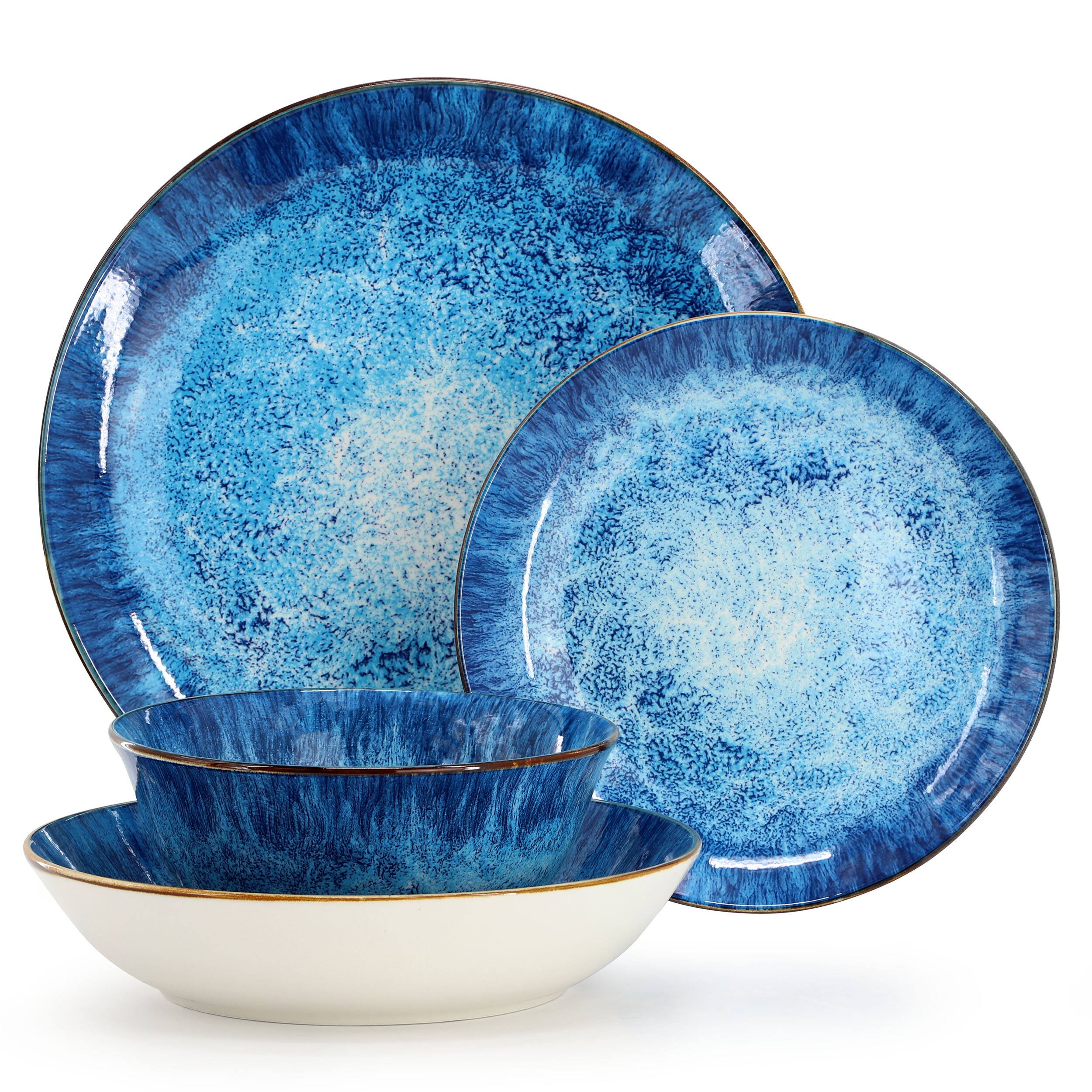 Alt View 1. Elama - Elama Oceanus 16 Piece Porcelain Double Bowl Dinnerware Set in Blue - Blue.