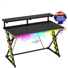 RSPGAME - Basic 43" Music Sync LED Gaming Desk w/ Dynamic Color-Changing & Racing Gear Style,Ergonomic Monitor Stand Computer Desk - Black & Yellow