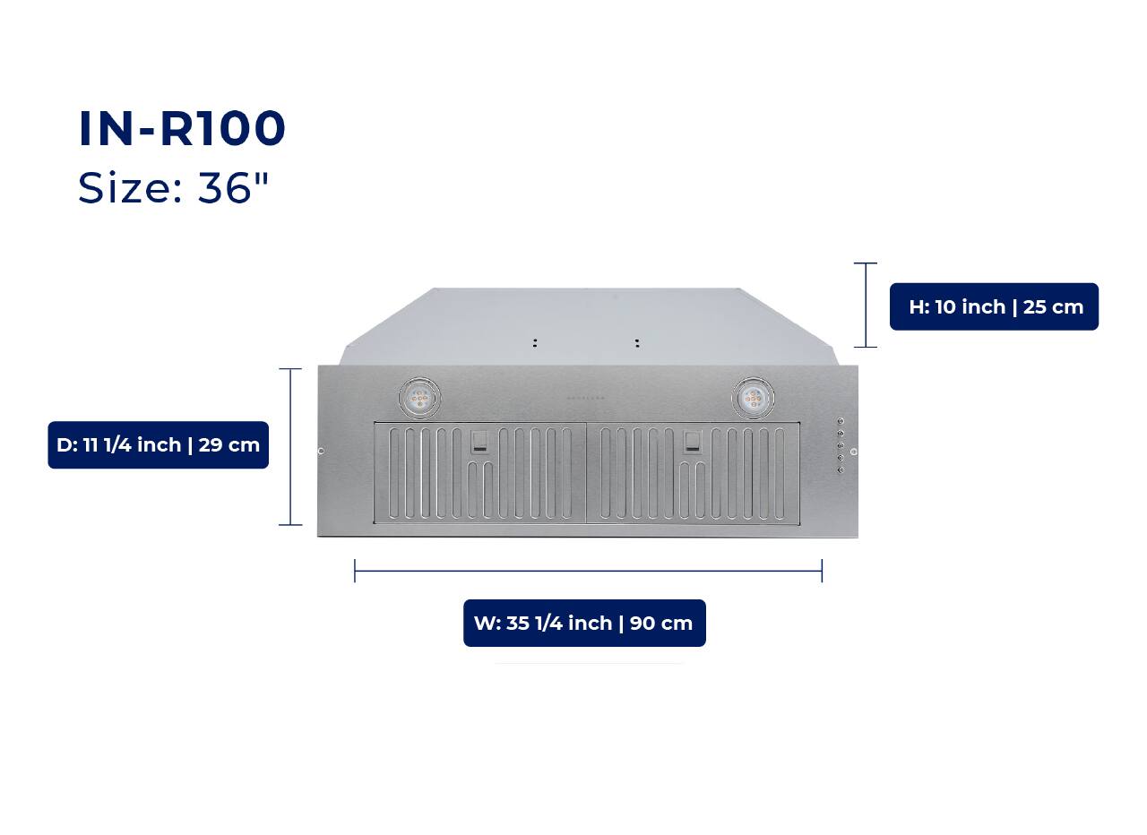 IN-R100  
Size: 36"  
D: 11 1/4 inch | 29 cm  
H: 10 inch | 25 cm  
W: 35 1/4 inch | 90 cm