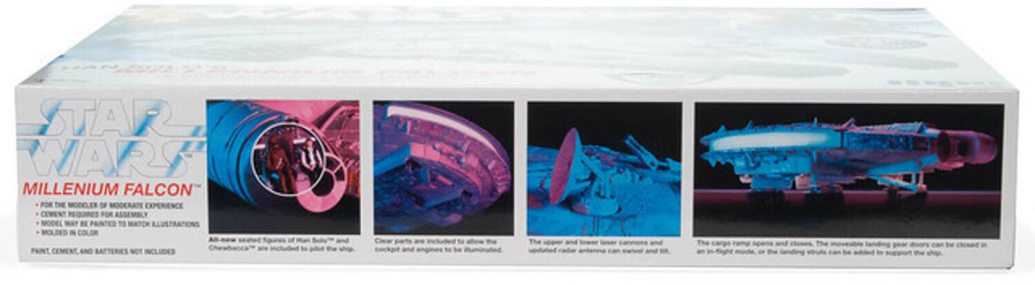 STAR WARS MILLENNIUM FALCON  
FOR THE MODELER OF MODERATE EXPERIENCE  
- CEMENT REQUIRED FOR ASSEMBLY  
- MODEL MAY BE PAINTED TO MATCH ILLUSTRATIONS  
- MOLED IN COLOR  
- PRINT, CEMENT, AND BATTERIES NOT INCLUDED  

The upper and lower laser cannons and updated radar antenna can be swapped and fit.  
The cargo ramp opens as an in-flight mode, or the landing gear can be closed in.  
Clear parts are included to allow the cockpit and engines to be illuminated.  
The movable landing gear doors can be closed in and opened. The landing struts can be added to support the ship.