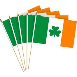 G128 - 50-Pack Ireland Shamrock Handheld Stick Flags, 8x12 in, 150D Polyester, Wooden Stick with Gold Spear Tip - Assorted Colors