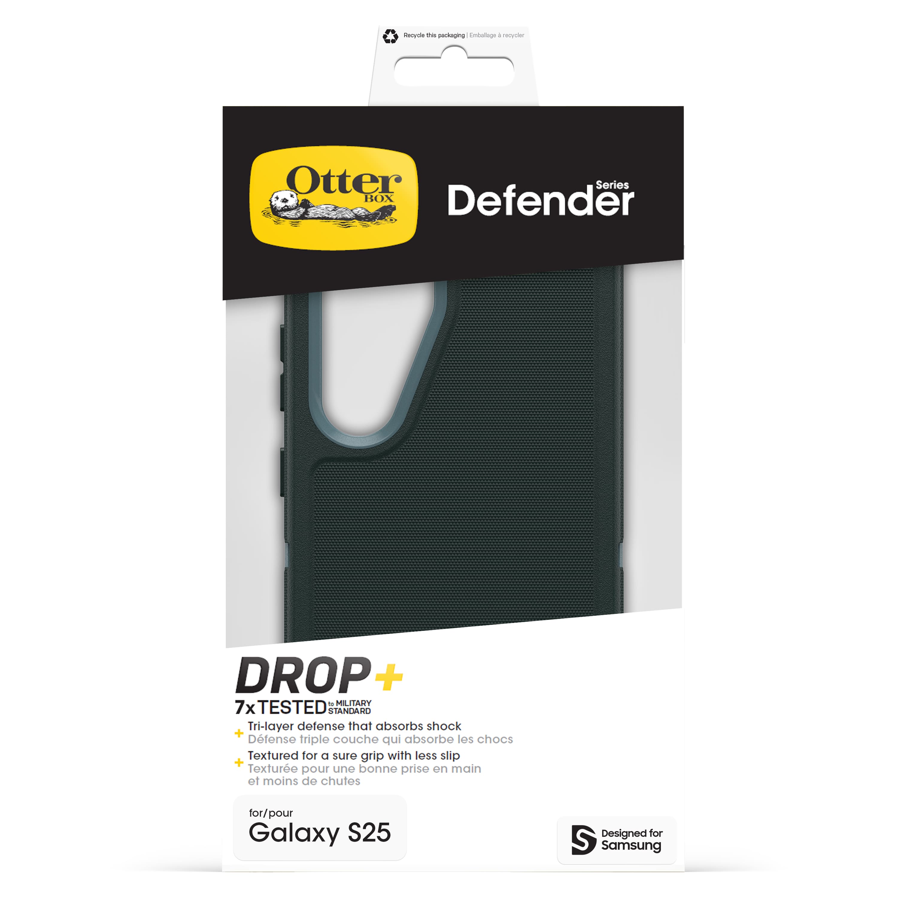The text on the image is grouped and corrected as follows:
* The gedlaging Enbolnge - eetter Otter Series BOX Defender DROP +: This is a description of the product, indicating that it is a drop-resistant case for a Samsung Galaxy S25.
* MEE TARY 7x TESTED 5 STANDAHD: This is a description of the product's durability, stating that it has been tested to withstand 7x the impact of a standard drop test and is rated at 5-star protection.
* Tri-layer defense that absorbs shock: This is a description of the product's construction, which includes three layers to absorb shock and protect the device.
* Textured for a sure grip with less slip: This is a description of the product's design, which features a textured surface to provide better grip and prevent slipping.
* Texture pour une bonne prise en main et moins de chuts: This is a description of the product's design in French, which also emphasizes the textured surface for better grip and reduced slipping.
* Designed for S Samsung: This is a description of the product's compatibility, indicating that it is specifically designed for use with Samsung Galaxy S25 devices.