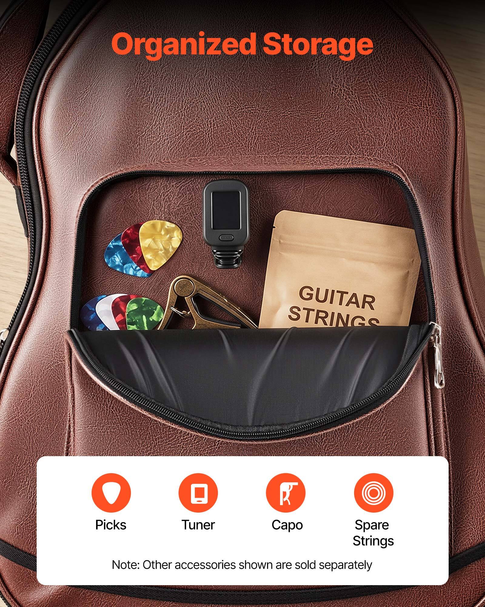 Organized Storage

GUITAR STRINGS
Picks
Tuner
Capo
Spare Strings

Note: Other accessories shown are sold separately
