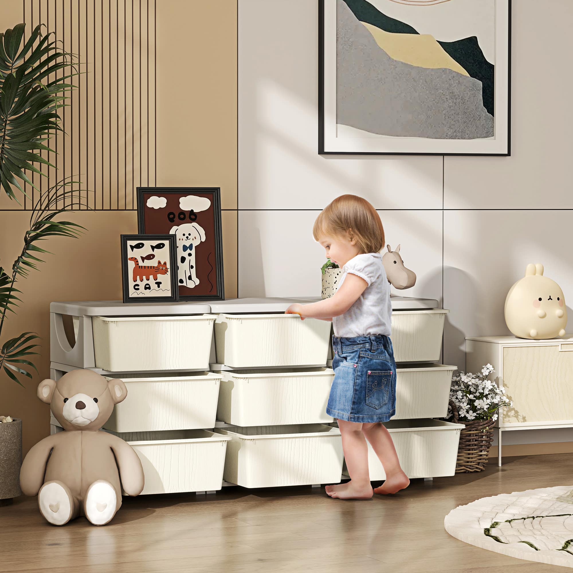 Angle. Qaba - 3 Tier Kids Storage Unit, 9 Drawer Chest Toy Organizer, Plastic Bins, Bedroom, Nursery, Living Room, Toddlers - Cream White.