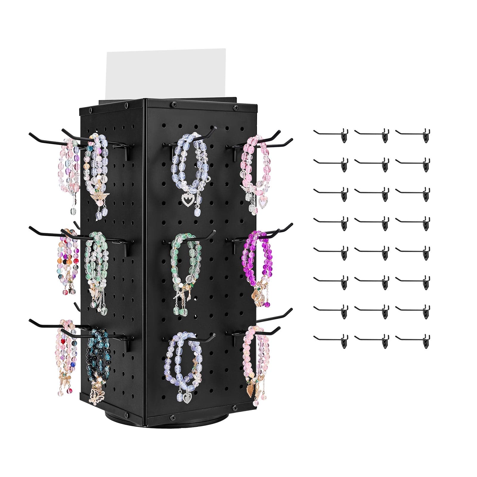 VEVOR - Rotating Pegboard Display Stand, 7.4 x 7.4 x 17 in 4-Sided Spinning Peg Board Display with 24 Hooks - Black