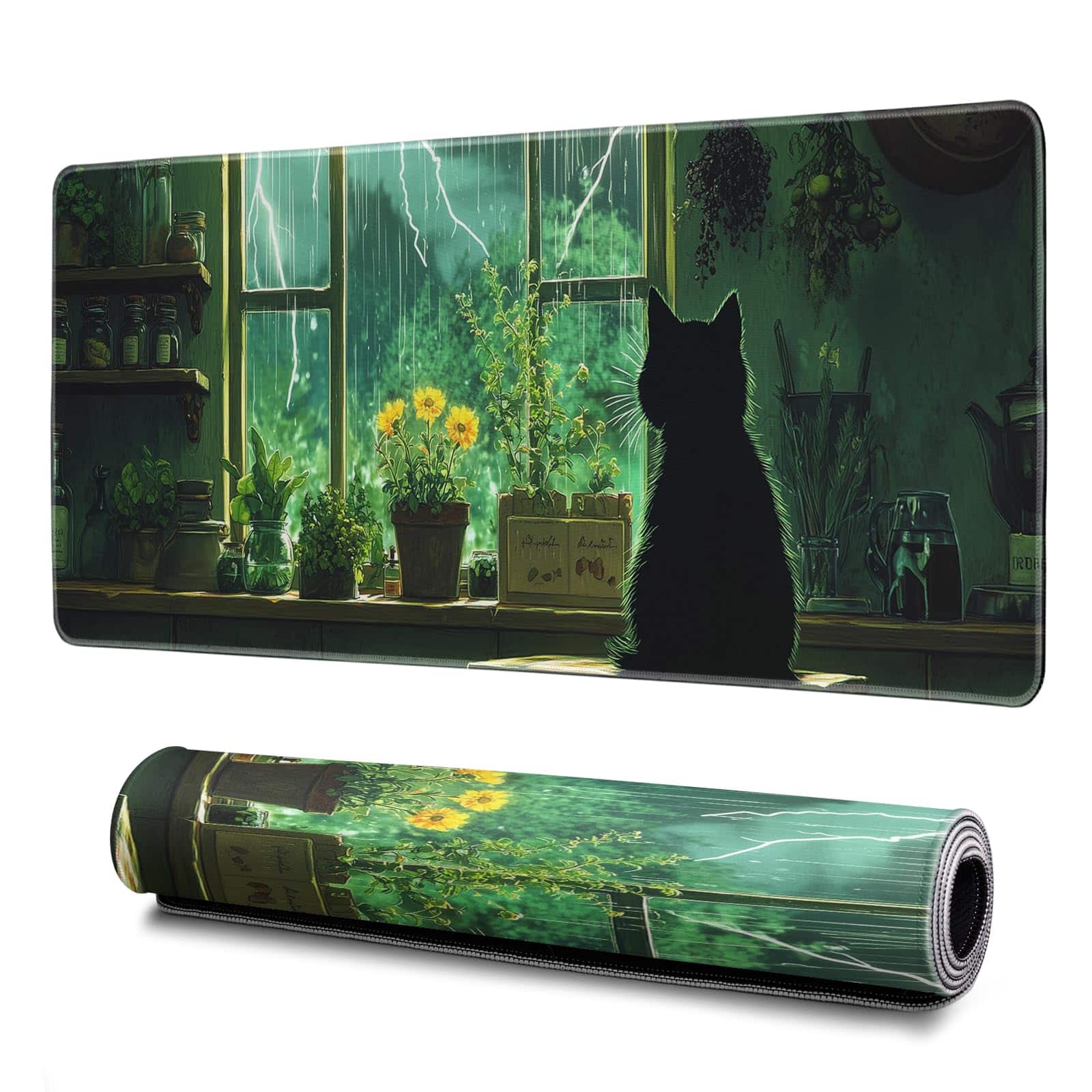 Earthley Blooms - Gaming Mouse Pad Abstract Black 31.. Sea Wave Texture Non-slip Rubber Base Large Mousepad Stitched Edges Mat - Green black cat
