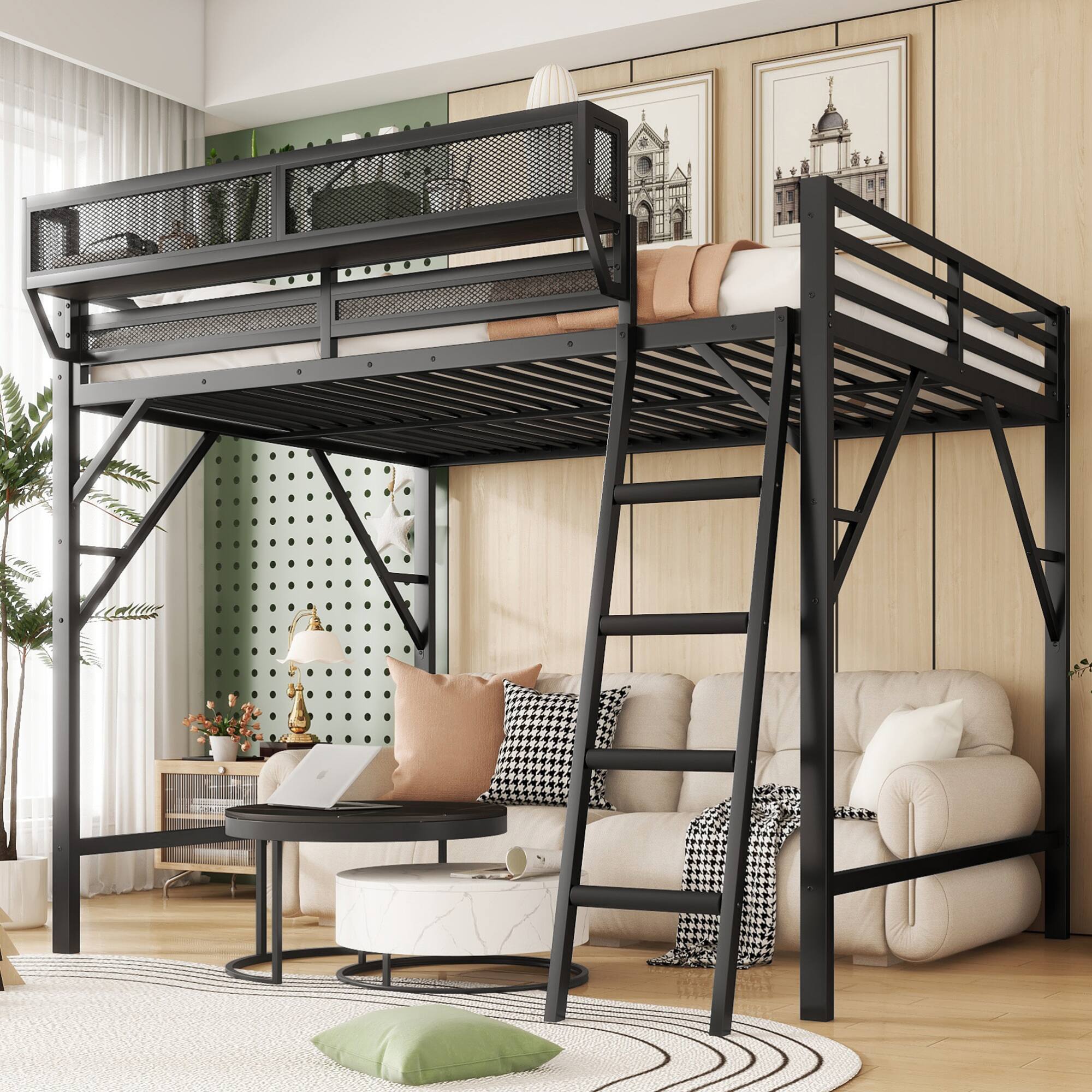 Front. GOODSILO - Full Size Metal Loft Bed with Storage Shelves and Ladder for Kids and Teens - Black.