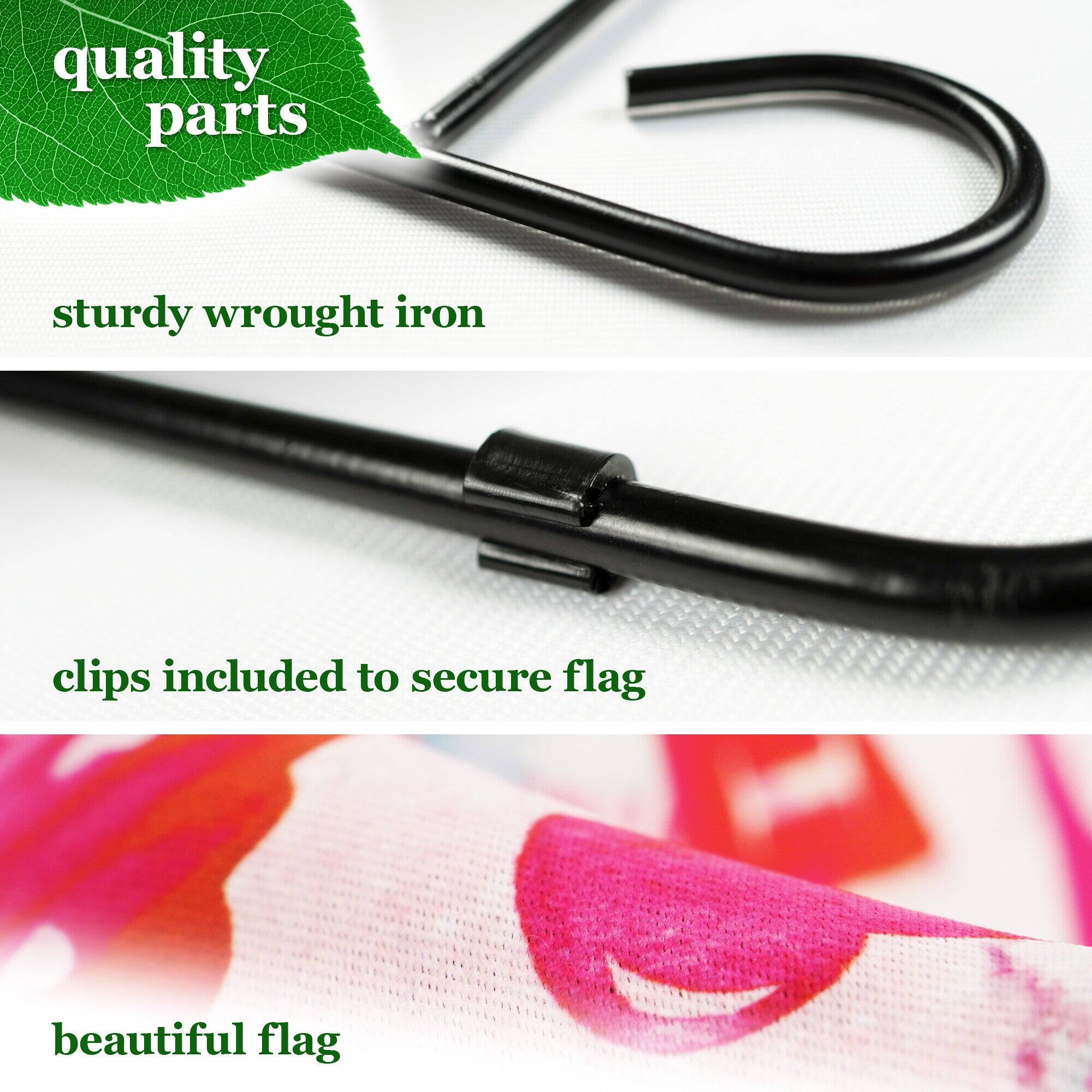 quality parts  
sturdy wrought iron  
clips included to secure flag  
beautiful flag
