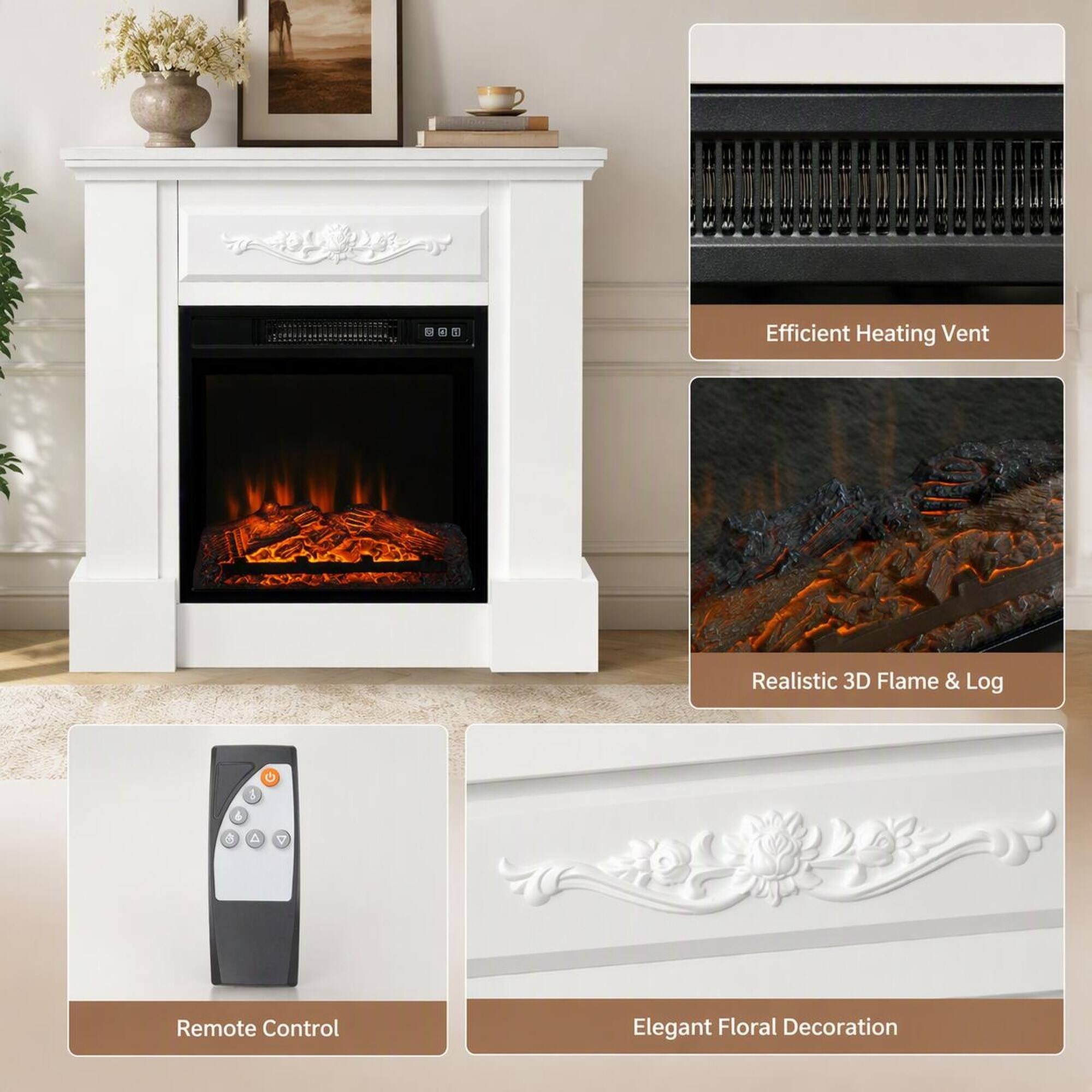 Efficient Heating Vent

Realistic 3D Flame & Log

Remote Control

Elegant Floral Decoration