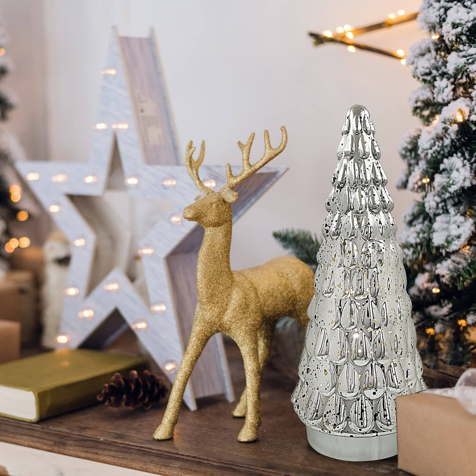 Alt View 2. Alchemy Casas - Mercury Glass Christmas Tree Small Tabletop Light Operated Mini Xmas Fireplace Bathroom Decor glass decoration - Silver.