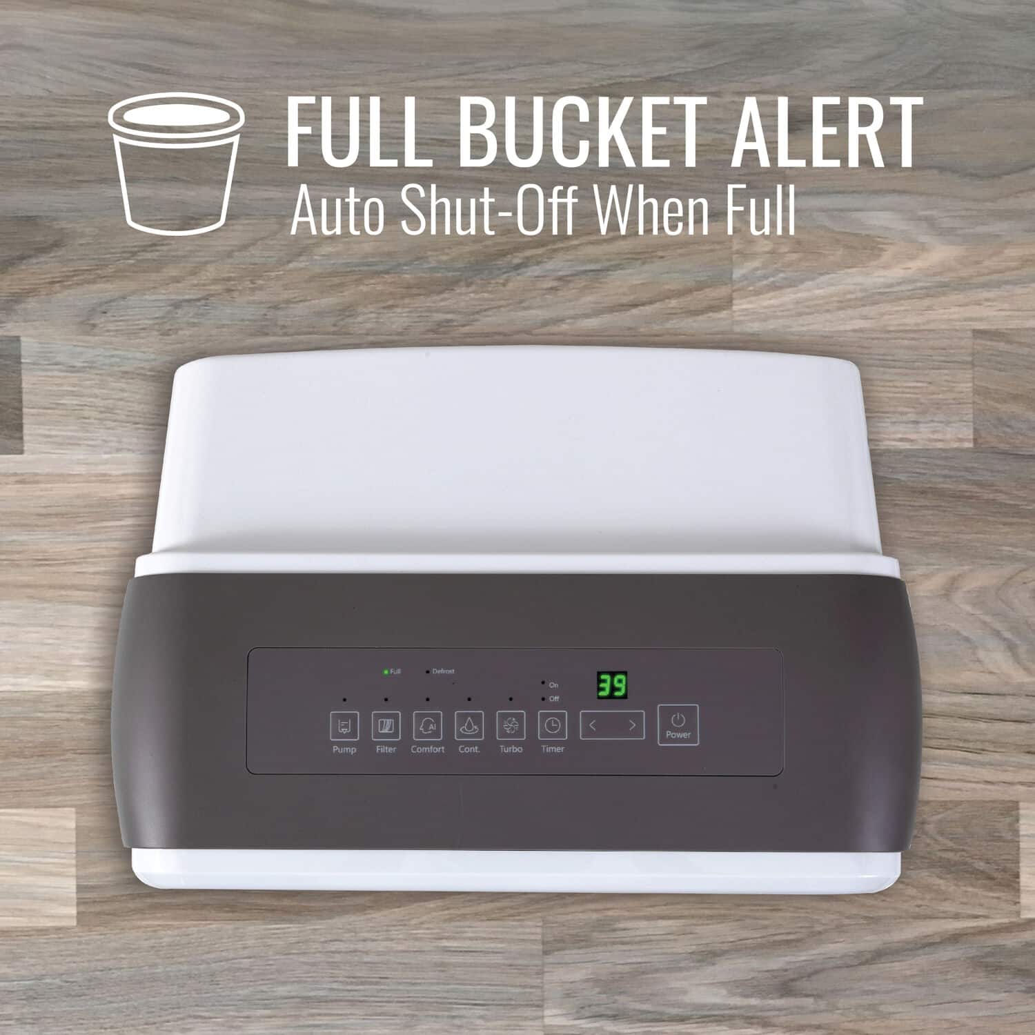 Full Bucket Alert: Auto Shut-Off When Full. Detioa 39 Pump 1 Fitter Comiart Cont Turbo Tener < Power.