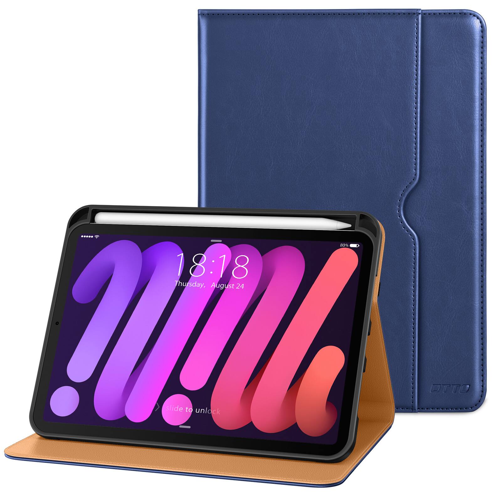 DTTO - Case for iPad Mini 7 (A17 Pro) 2024 / Mini 6 2021 8.3" - Leather Folio Stand with Pencil Holder & Multi-Angle Viewing - Navy Blue