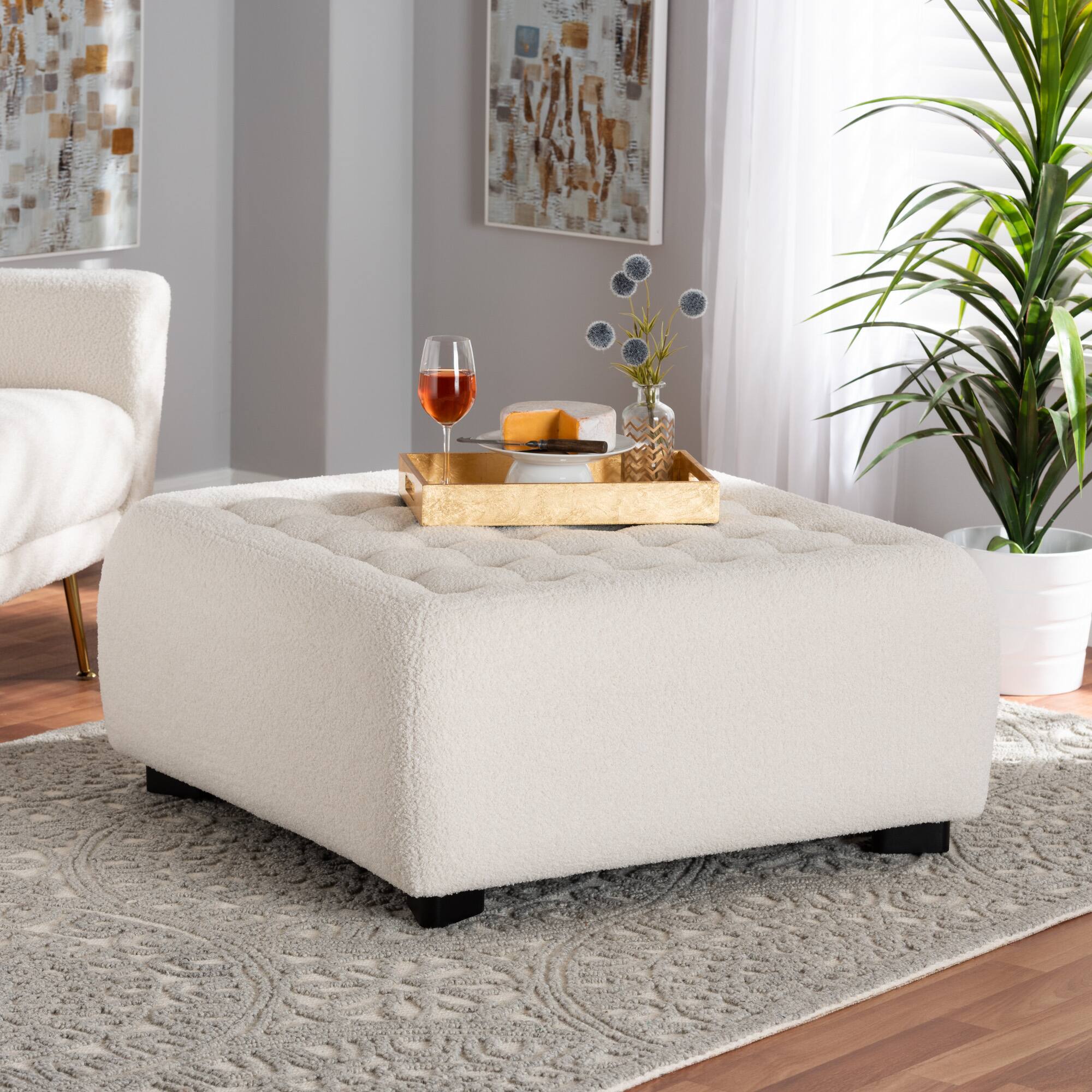 Alt View 2. Baxton Studio - Athena Modern and Contemporary Boucle Upholstered and Finished Wood Square Ottoman - Ivory.