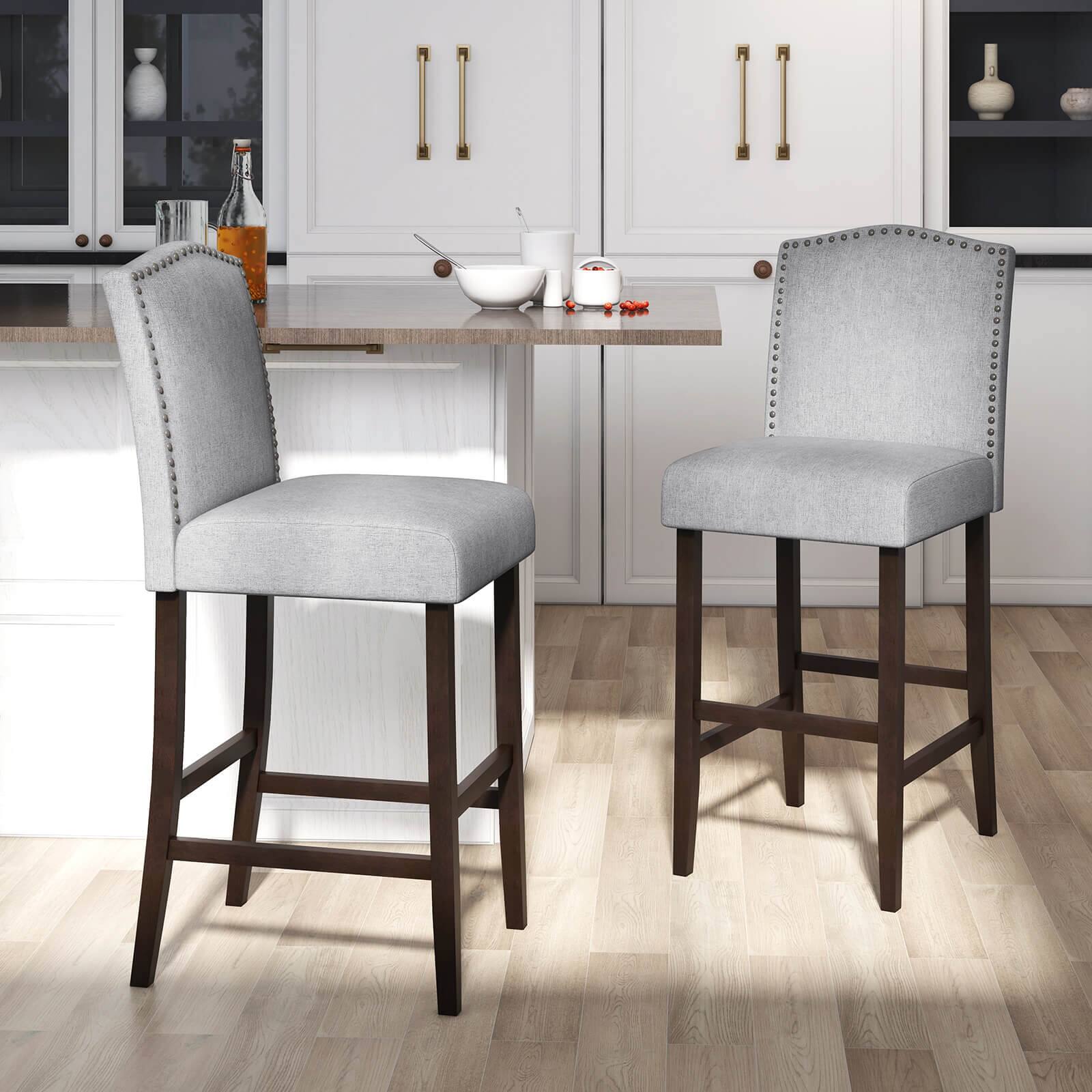 Left. Costway - Costway Set of 2 Bar Stools 30" Upholstered Kitchen Breakfast Nailhead Bar Chairs Gray - Grey.