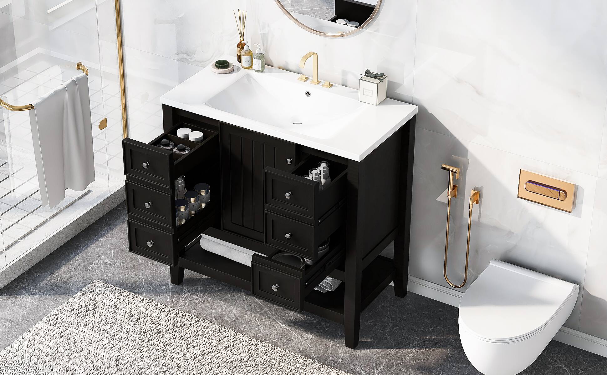 Alt View 8. Tiramisubest - 36" Bathroom Vanity with Sink Combo, One Cabinet and Three Drawers, Solid Wood and MDF Board, Black - Black.
