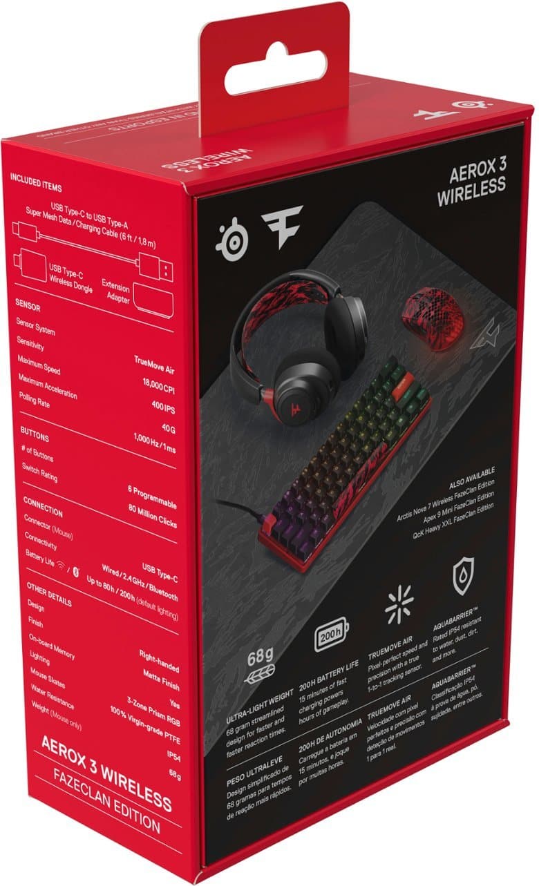 The image features a box that contains an Aerox 3 Wireless Edition, which includes a mouse, a keyboard, and a headset. The box also contains a USB Type-C Mesh Data USB/Charging Type-A Cable, a USB Wireless Type-C Dongle Extension, a Sensor System Sensitivity Maximum Speed TrueMove Air Maximum 18,000 CPI Poling Acceleration Rate 4001PS Buttons 40G 1,000 ms Buttons Switch Rating Connection 80 Programmable Million Connector Clicks Connectivity (Mouse) Battery Light Wired USB Up 24GHz Type-C Design (default finish lighting) On-board Lighting Memory Right-handed Mouse Matte Water Skates Finish Weight Resistance 3-Zone Yes (Mouse 100% Prism only) Virgin-grade RGB PTFE Aerox 3 IPS4 68g FAZECLAN WIRELESS EDITION. The box also contains a FazeClan Edition Wireless, a FazeClan Edition Nove Mini Arctis Apex X0XL, and a FazeClan Edition Heavy Aquabarrier IPS4 resistant drift. The box also features a 200h Air Rated dust and water resistant drift, a 68g TrueMove speed true and more life pixel-perfect with sensor, and a fast precision tracking.