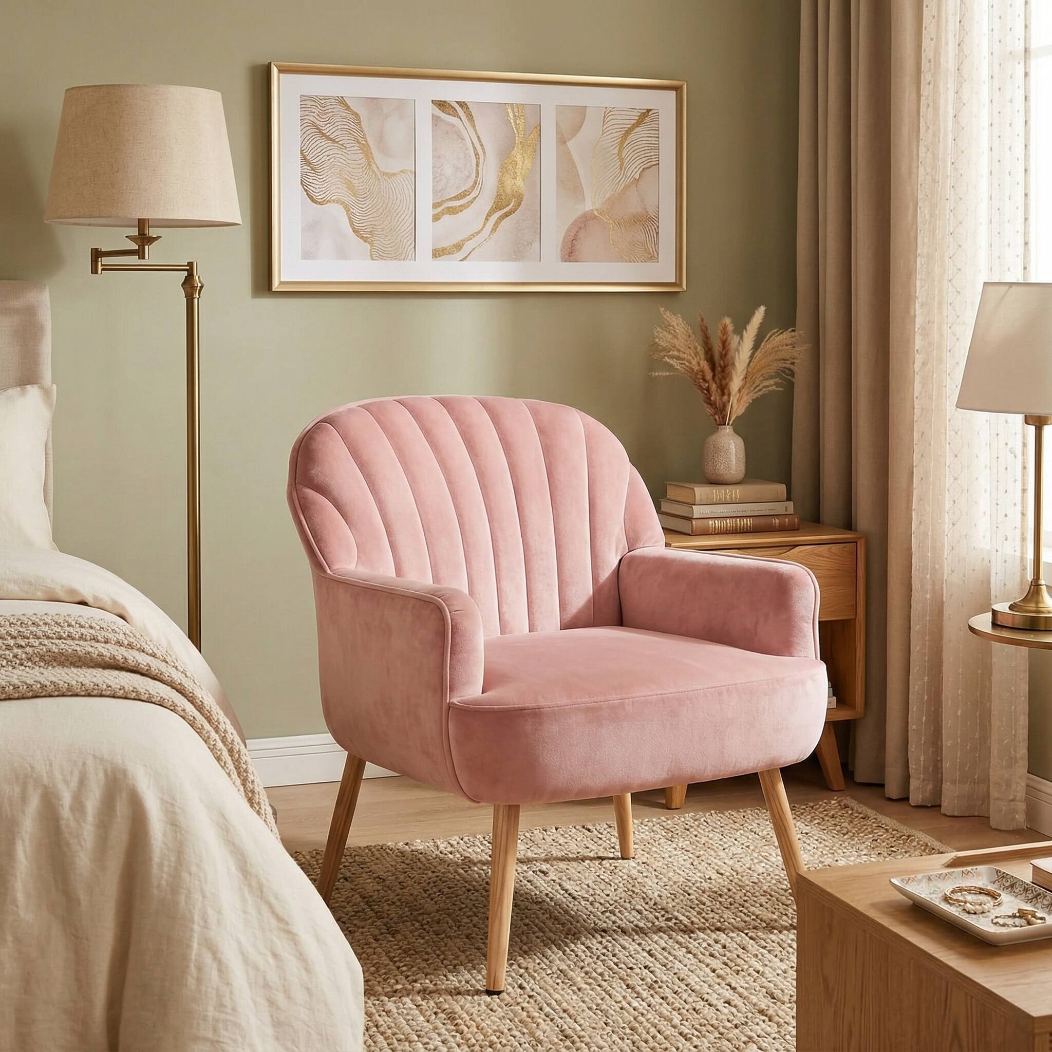 Forest'nSky - Velvet Accent Chair, Modern Upholstered Barrel Armchair with Metal Legs, Luxury Comfy Single Sofa - Pink