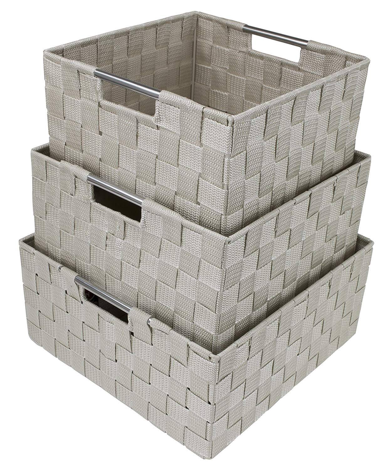 Angle. Sorbus - Sorbus Storage Box Woven Basket Bin Container   Organizer Set  Storage Strap Shelf Organizer  Carry Handles - Beige.