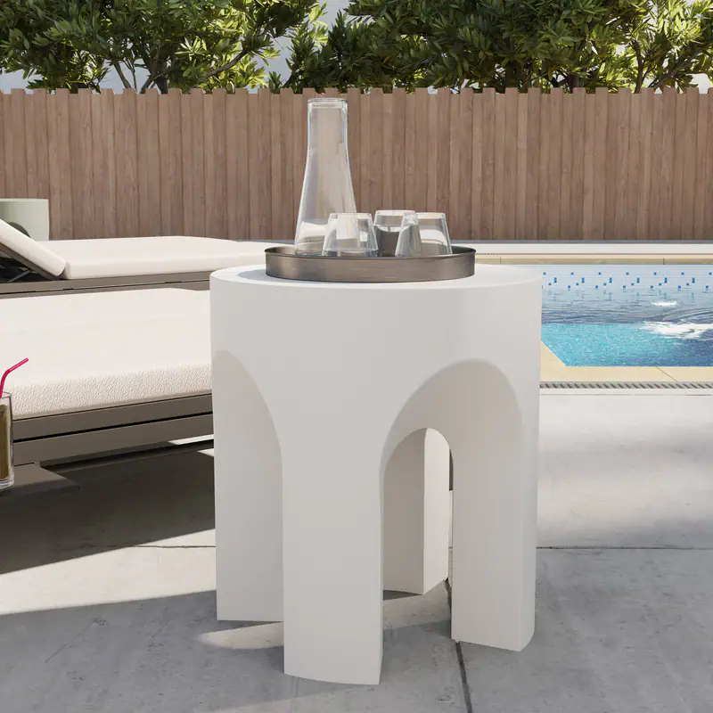 Left. LeisureMod - Crus Arched Fiberstone Side Table, Heavy Duty & Indoor/Outdoor Modern Accent Table - White.