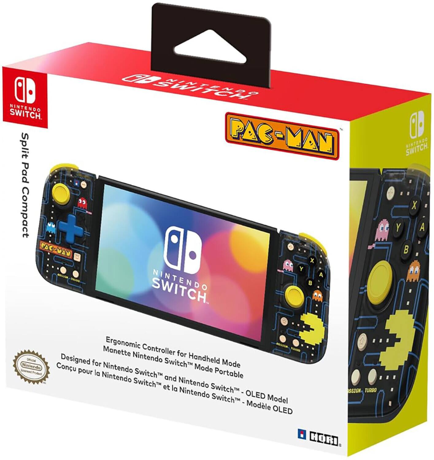NINTENDO SWITCH. Split Pad Compact FAC-VAV 00 SWITCH TENDO PAC-MAN x Y A  SWITCH. RINTENDO SWITCH. X Y A B Ergonomic Controller Manette Nintendo for Designed for Switch Handheld Mode Conçu pour la Switch Portable Nintendo Switch and Nintendo et la Switch Nintendo Switch - OLED Model i Modle OLED SSIGN TURDO HORI
