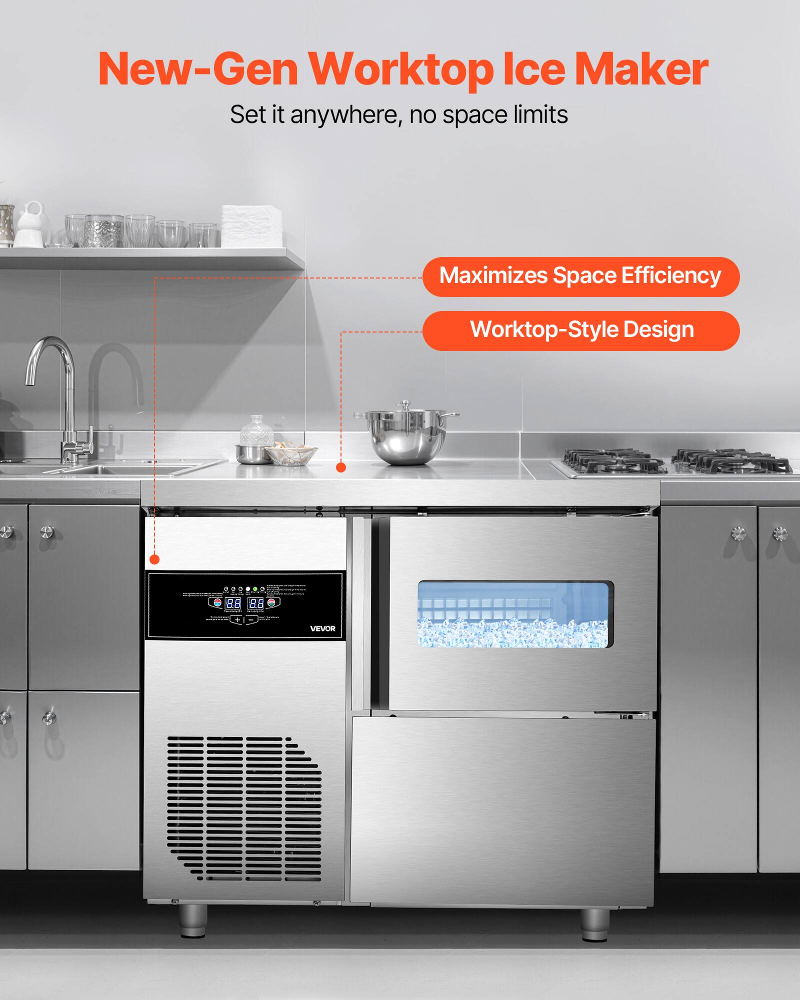 New-Gen Worktop Ice Maker  
Set it anywhere, no space limits  

Maximizes Space Efficiency  
Worktop-Style Design
