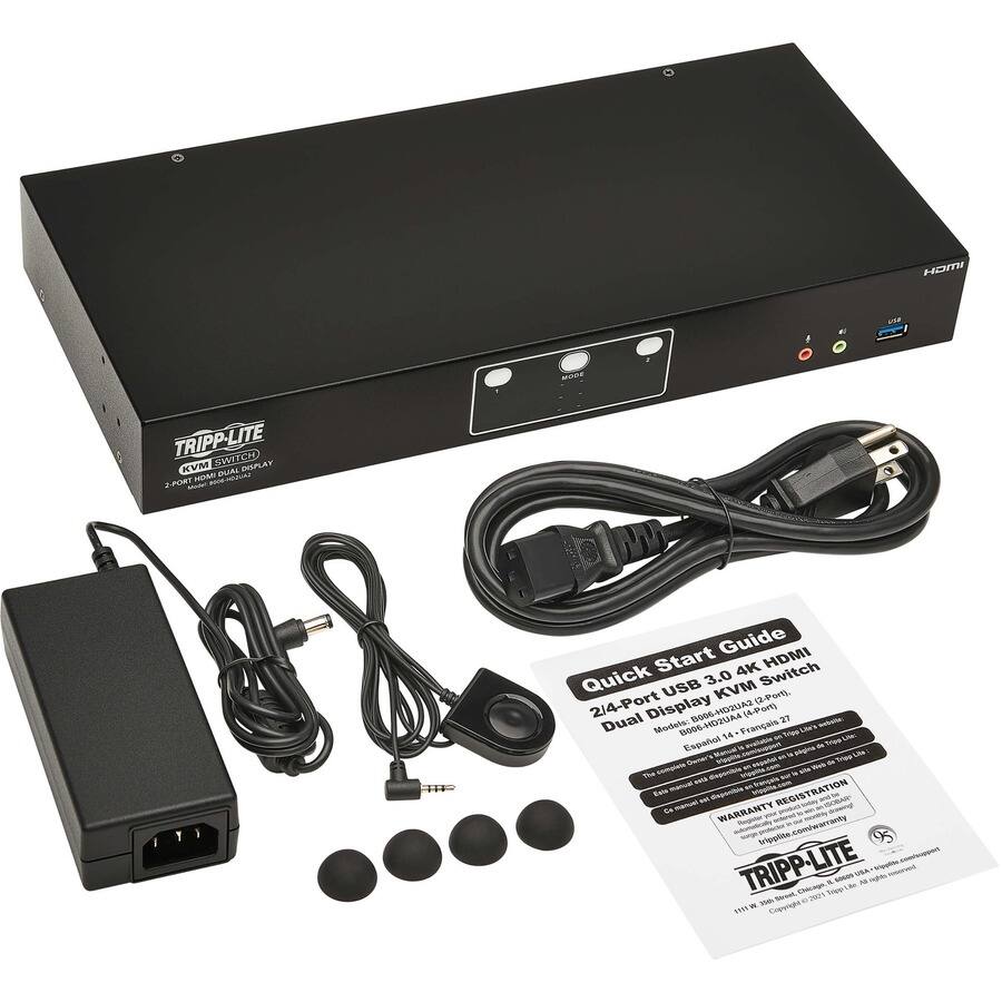 HDMI  
USB  
MODE  
TRIPP-LITE SWITCH KVM DUAL DISPLAY 2-PORT HDMI 9006-002042  
all  
Start Guide HDMI Quick 3.0 4K Switch USB KVM (2-Port). 2/4-Port Dual Display Models: B006-HD2UA4 B006-HD2UA2 (4-Port) 27 14 Franais Espaol Owner - Web The complete disponible manual nota on tripplite.com Este Co manuel est disponible WARRANTY REGISTRATION 95 TRIPP-LITE 256h Sbout, Chicage o Tripp Like N rights 1999 M Copyright