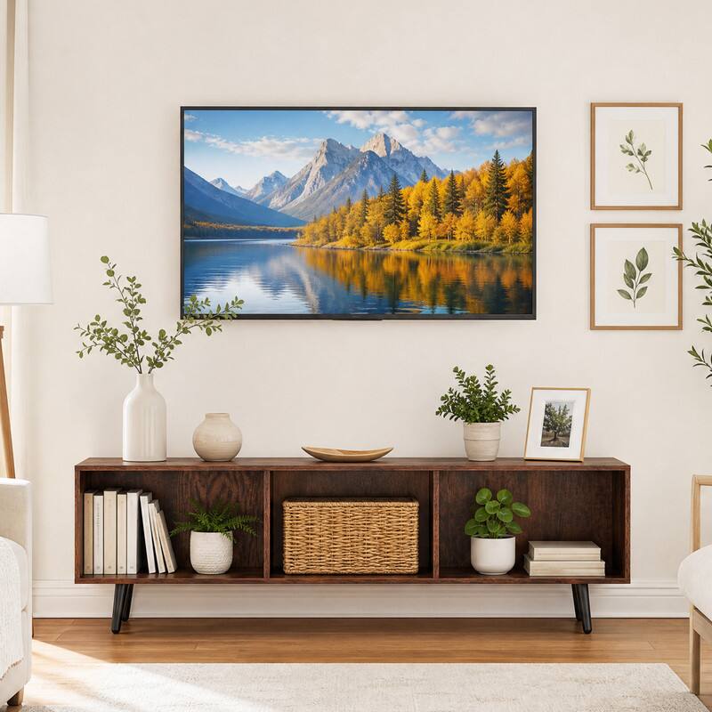Angle. WELLFOR - Modern TV Stand for 55-Inch TV, Wood Entertainment Center Media Console Cabinet with Compartments and Metal Legs - Rustic Brown.