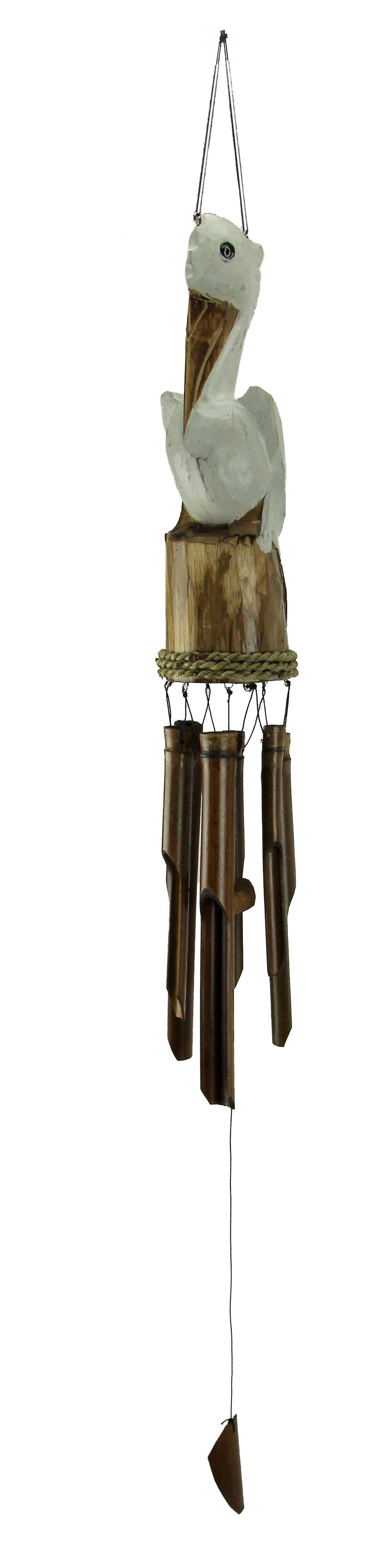 Front. Chesapeake Bay - White Hand Carved Wood Coastal Perched Pelican Wind Chime for Garden Yard Patio - White.