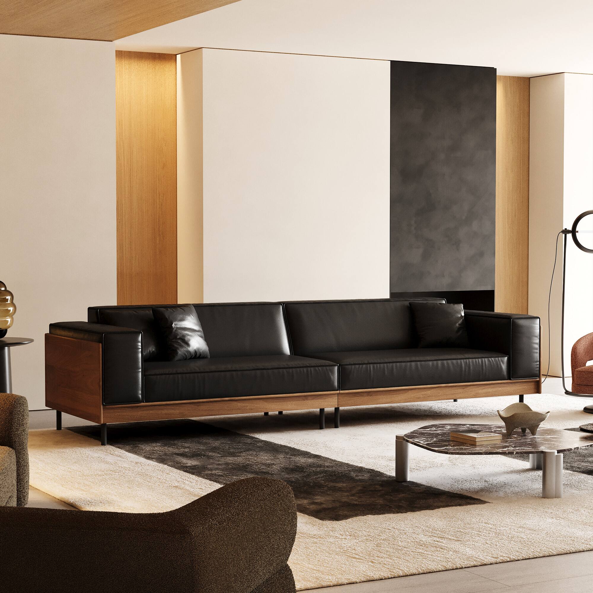 Alt View 2. luck idea - 106.3" Modern Leather Sofa Couch with Solid Wood Frame, Metal Legs and 3 Accent Pillows - Black.