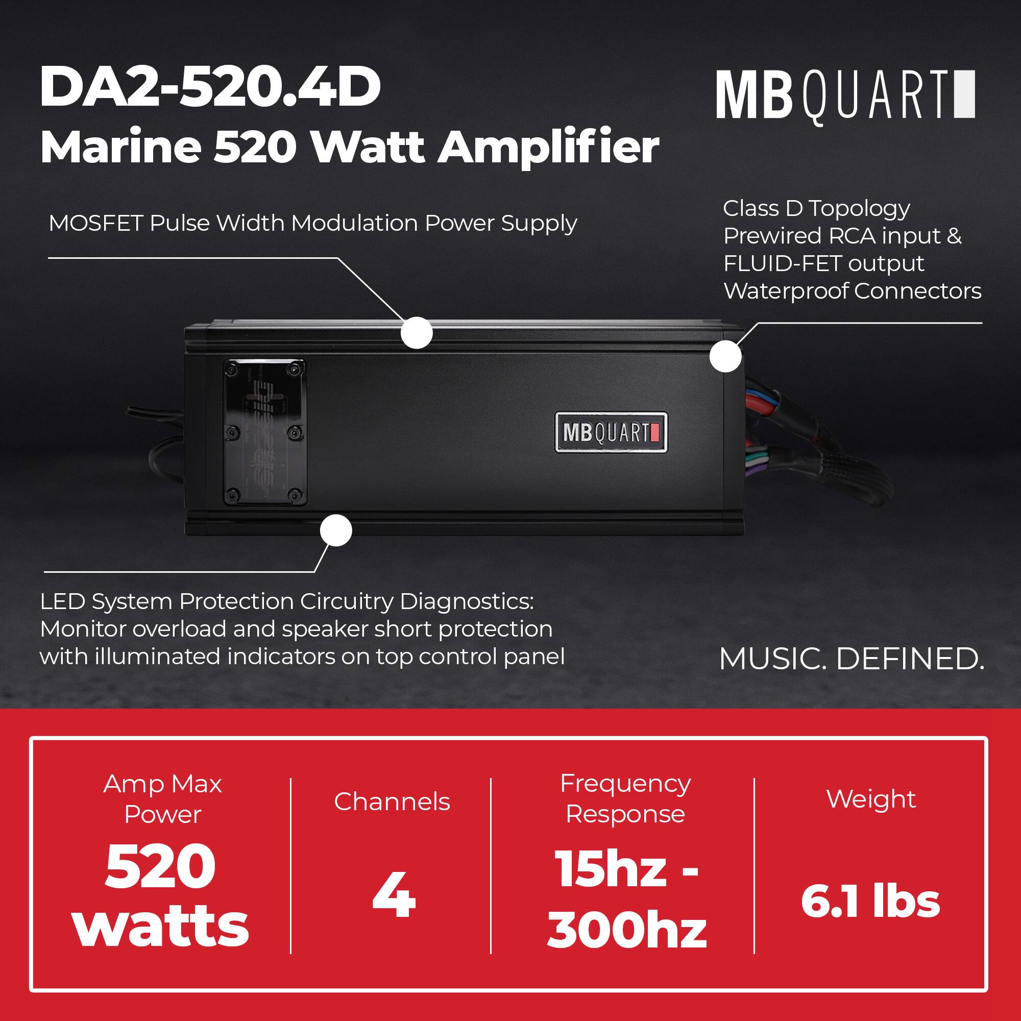 DA2-520.4D  
Marine 520 Watt Amplifier  
MOSFET Pulse Width Modulation Power Supply  

Class D Topology  
Prewired RCA input & FLUID-FET output  
Waterproof Connectors  

LED System Protection Circuitry Diagnostics:  
Monitor overload and speaker short protection with illuminated indicators on top control panel  

Amp Max Power: 520 watts  
Channels: 4  
Frequency Response: 15hz - 300hz  
Weight: 6.1 lbs  

MUSIC. DEFINED.