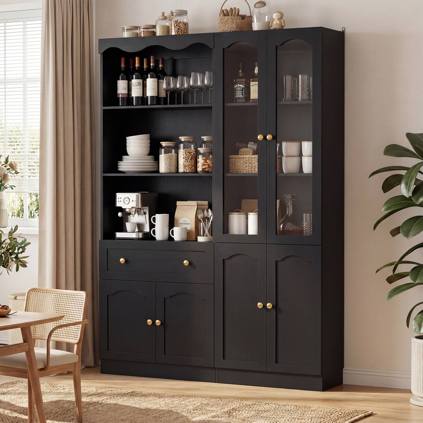 Back. Aheaplus - 80'' Tall Bookcase with 2 Drawers and 4 Glass Doors, 102.2''W Bookshelf with Adjustable Shelves - Black.