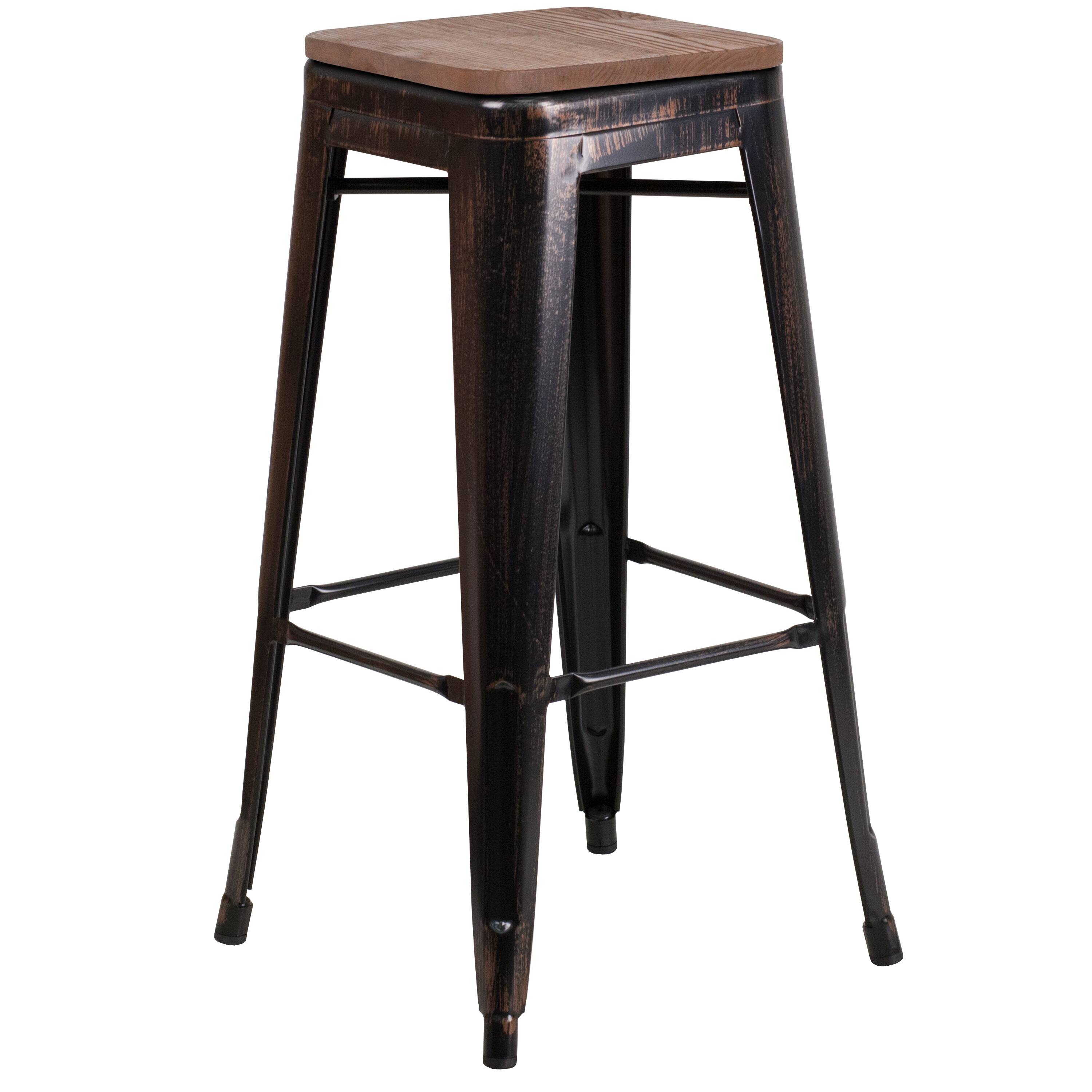 Alt View 1. Emma + Oliver - 30"H Backless Metal Barstool with Wood Seat - Black-Antique Gold.